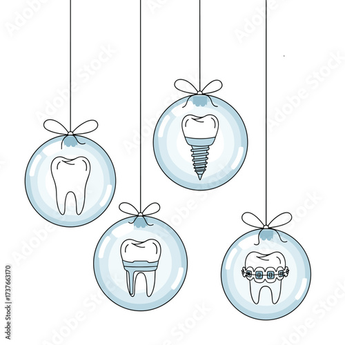 Festive dental ornaments adorning a holiday celebration with cheerful dental care themes.