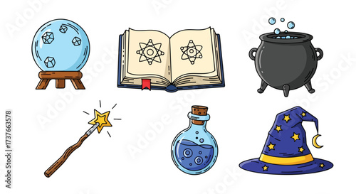 Magical Objects Collection Crystal Ball Spellbook Cauldron Wand Potion Witch Hat for Fantasy and Halloween
