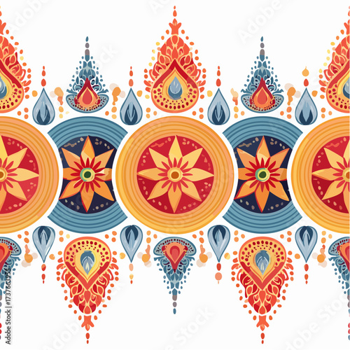 Watercolor illustration of a decorative border featuring repeating circular and teardrop shapes in orange, blue, and red on a white background.