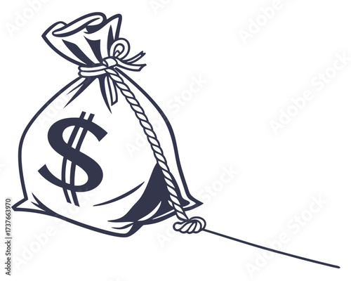 Cartoon illustration vector of a cute cat animal with a bag of money dollar currency icon sign symbol for finance business