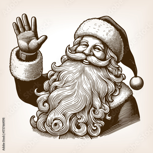 Santa Claus with a long beard and sack, waving cheerfully, Christmas joy and holiday tradition sketch engraving generative ai fictional character vector illustration. Scratch board. Black and white.