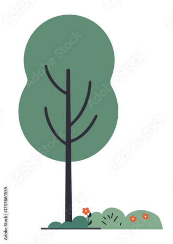 Cartoon tree with green foliage on a ground with small bushes and red flower. Nature and ecology concept. Simple flat illustration.