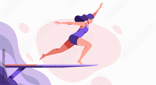 Female athlete preparing to dive from platform in modern style  