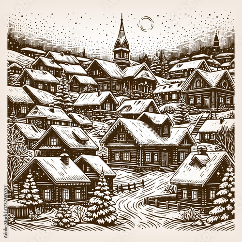 snowy village with wooden houses, church steeple, pine trees, and winter night sky atmosphere sketch engraving generative ai vector illustration. Scratch board imitation. Black and white image.