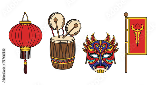 Chinese Traditional Cultural Symbols Red Lantern Drums Mask and Flag