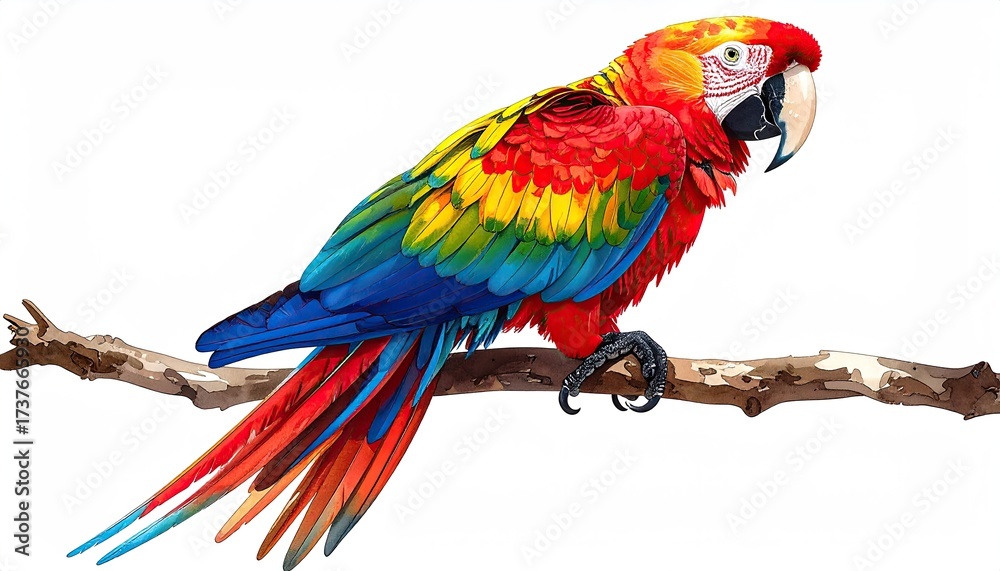 Fototapeta premium Colorful Parrot Perched on a Branch Detailed Digital Illustration