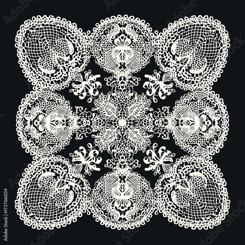 Vector illustration of a square white lace doily with intricate patterns isolated on a black background