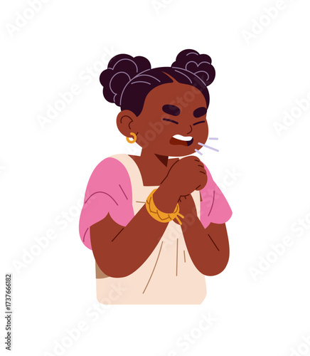 Ill little girl suffers from throat pain, coughs into fist. Sick kid sneezes, feels unwell. Child with symptoms of flu, influenza, pneumonia. Flat isolated vector illustration on white background