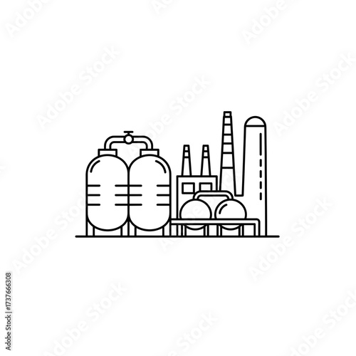 Industrial oil and gas processing plant with storage tanks and towers  
