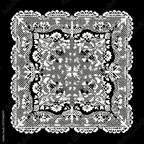 Vector illustration of a square white lace doily with intricate patterns isolated on a black background