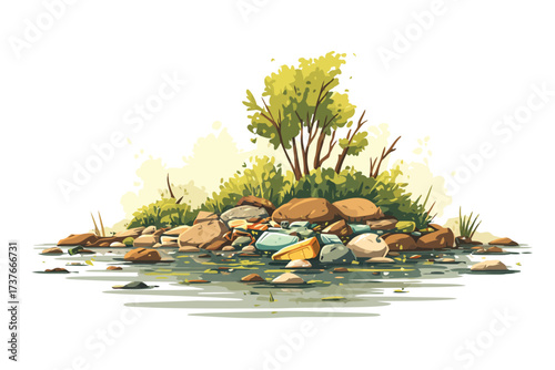 Polluted Riverbank with Floating Debris dirty isolated