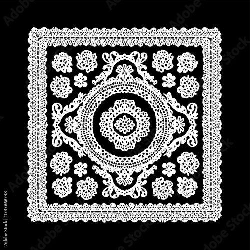 Vector illustration of a square white lace doily with intricate patterns isolated on a black background