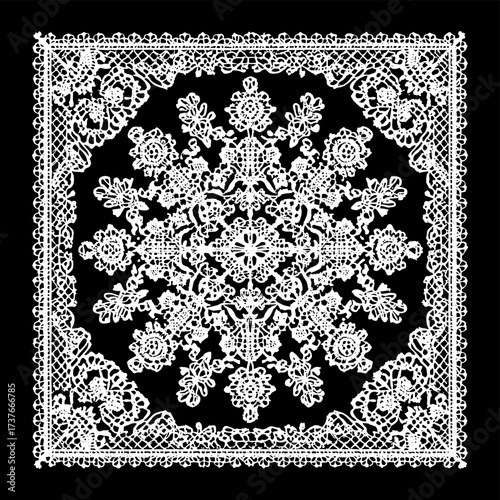 Vector illustration of a square white lace doily with intricate patterns isolated on a black background