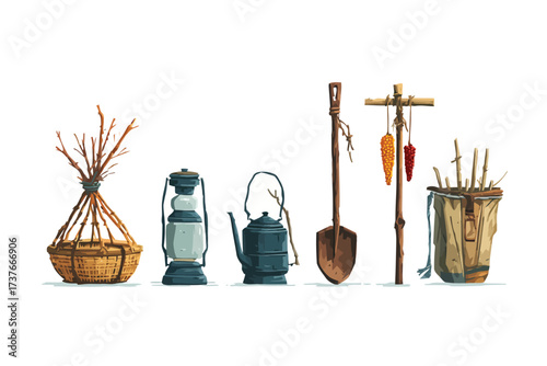 Traditional Farming Tools in Rural Asia grass isolated