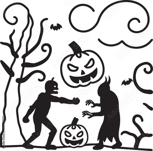 Halloween Spooky Scene with Pumpkin Zombie and Devil Silhouettes