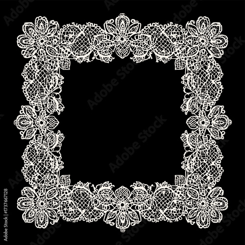 Vector illustration of a square white lace doily with intricate patterns isolated on a black background