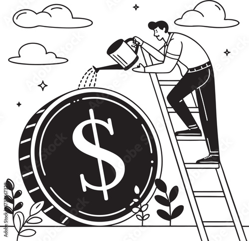 Investing in financial growth concept person watering money coin artwork