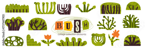 Cute abstract collage with a set of flat bush trees plants and green grass .