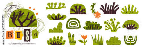 Flat abstract collage bush of a cute plant and green grass in a set.
