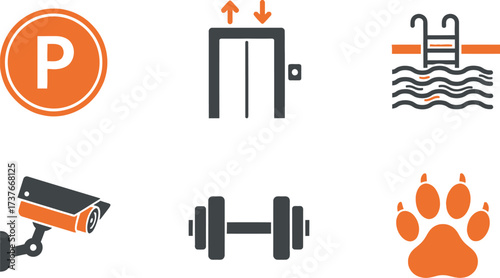 Apartment building amenities icons parking gym pool elevator pet