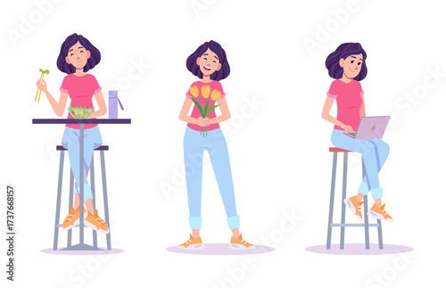 Young woman daily lifestyle activities set vector illustration collection. 
