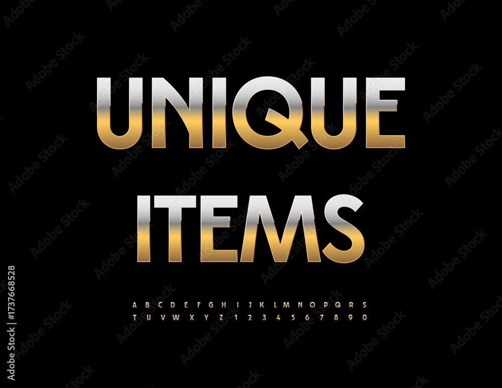 Obraz premium Vector Premium emblem Unique Items.Trendy Glamorous Gold Font. Modern Luxury Alphabet Letters and Numbers set.
