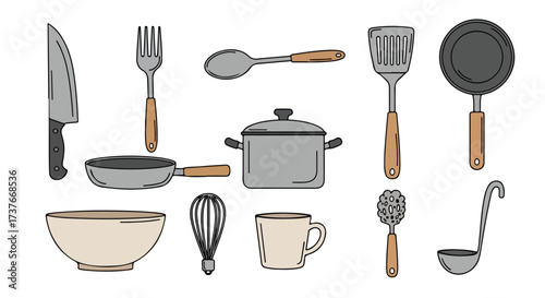 Collection of Hand Drawn Kitchen Utensils and Cookware Ready for Culinary Creations