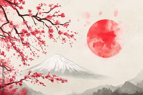 Mount Fuji and red sun watercolor landscape
