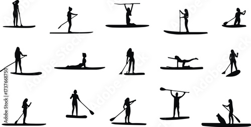 Silhouette Icons of People Engaging in Stand-Up Paddleboarding Activities on Water