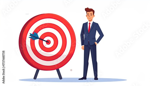 Confident Businessman in Blue Suit Smiling Next to Target with Arrow Isolated on White Background Achievement Metaphor Optimized for Adobe Stock