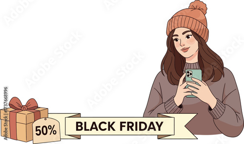 Two young women wearing winter clothing enjoying coffee for Black Friday shopping event illustration 