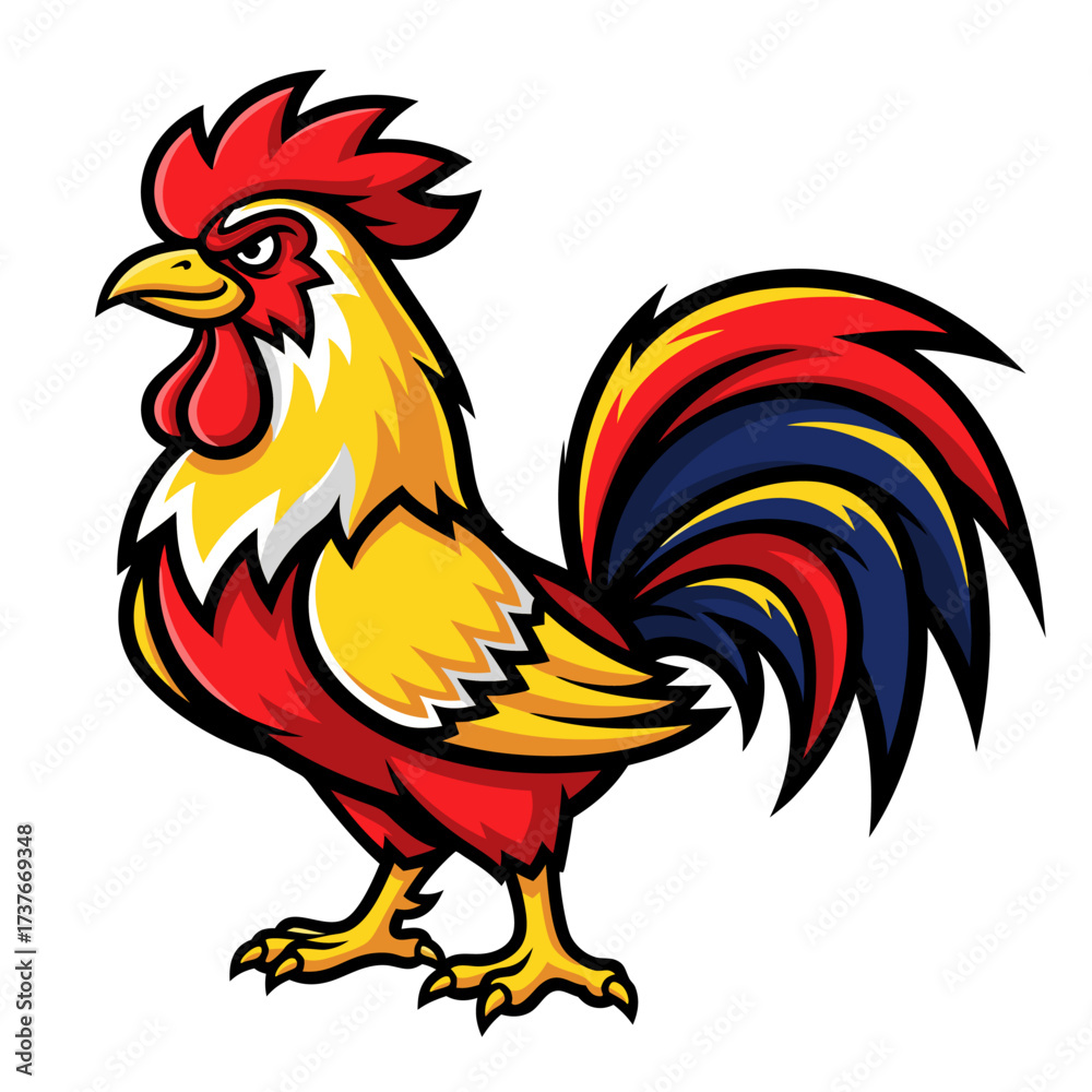 Fototapeta premium Vibrant illustration of a proud rooster, a colorful chicken with bold red, yellow, and blue plumage