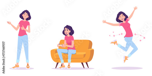 Woman different emotions poses standing sitting jumping vector set