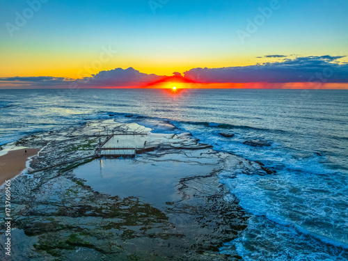 Sunrise at the beach with low cloud bank