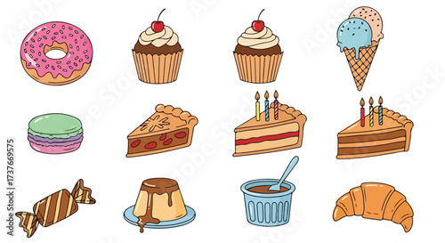 Delicious Desserts Collection Sweet Treats Assortment Donut Cupcakes Ice Cream Pie Cake Macaron Croissant Candy Pudding Mousse Vector Illustrations for Food Blogs Cafes Parties and Celebrations