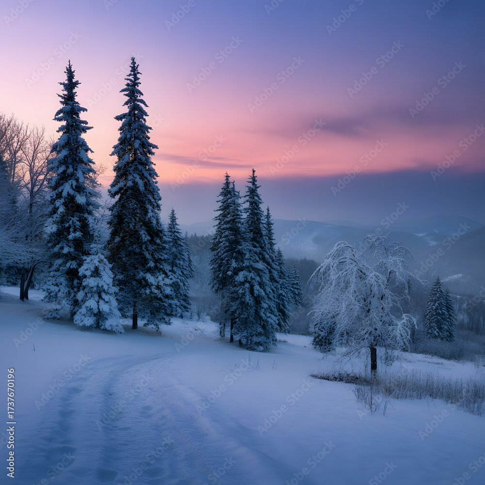 Obraz premium A tranquil winter wonderland scene with a snowy road winding through a pine forest under a beautiful pastel sunset sky in the mountains