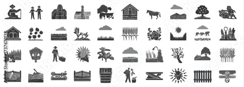 Agricultural and Farming Icons Representing Rural Life and Harvest Time in Woodcut Style