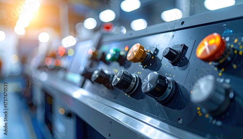 Control Panel with Knobs and Buttons Industrial Equipment Close Up in Bright Lighting