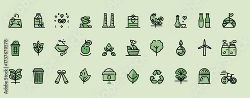 Collection of Eco Friendly Icons Representing Nature Sustainability and Renewable Energy Solutions Depicted in a Green Palette