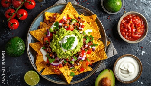 Colorful Nachos with Guacamole and Salsa on Dark Background Food Photography
