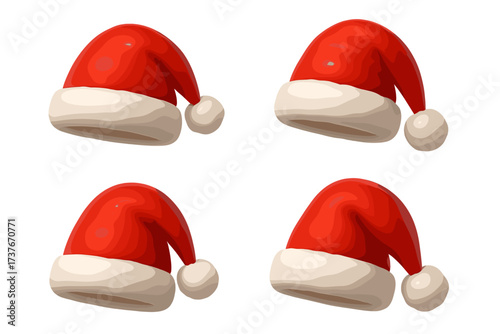 Collection of festive red Santa Claus hats with white fur trim and pom-poms