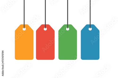Colorful blank price tags hanging on strings against a clean white background
