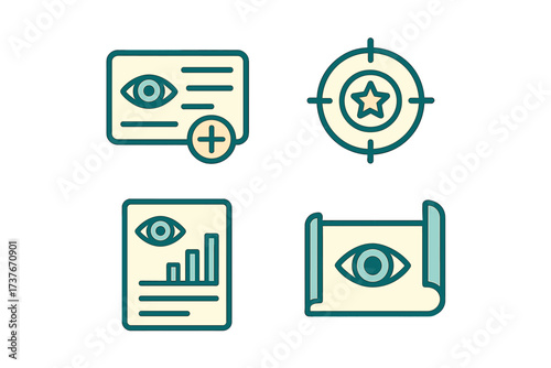 Business icons for visibility, targeting, data analysis, and content creation