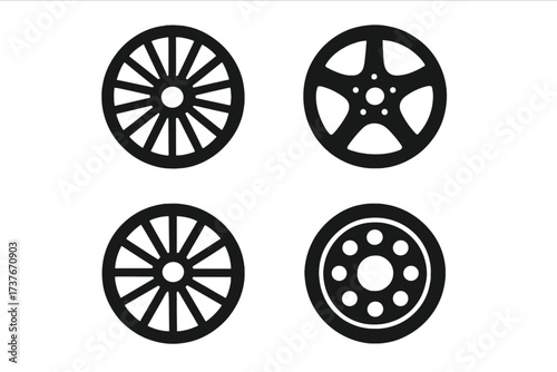Set of various wheel designs including classic wagon wheels and modern car rims