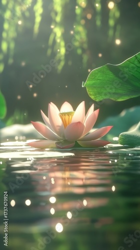 Lotus flower blooming on water with sunlight