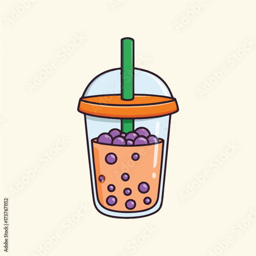 Delicious bubble tea illustration in a clear plastic cup with a green straw and tapioca pearls