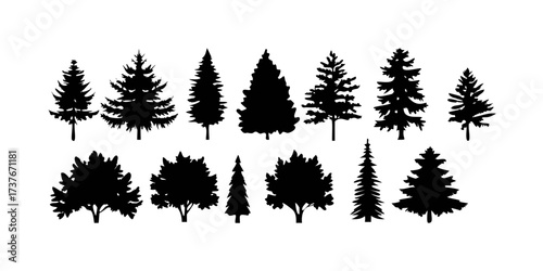 Tree silhouette icon collection, forest and pine tree vector set, nature foliage design bundle, simple black isolated tree shapes.