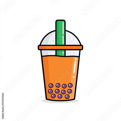 Delicious cartoon boba tea with tapioca pearls and a green straw in a transparent cup