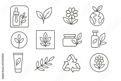 Natural organic cosmetic product icons set with leaves and flowers for eco-friendly beauty