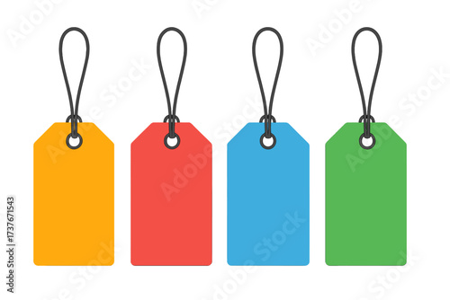Collection of colorful blank price tags with strings for retail and marketing promotions